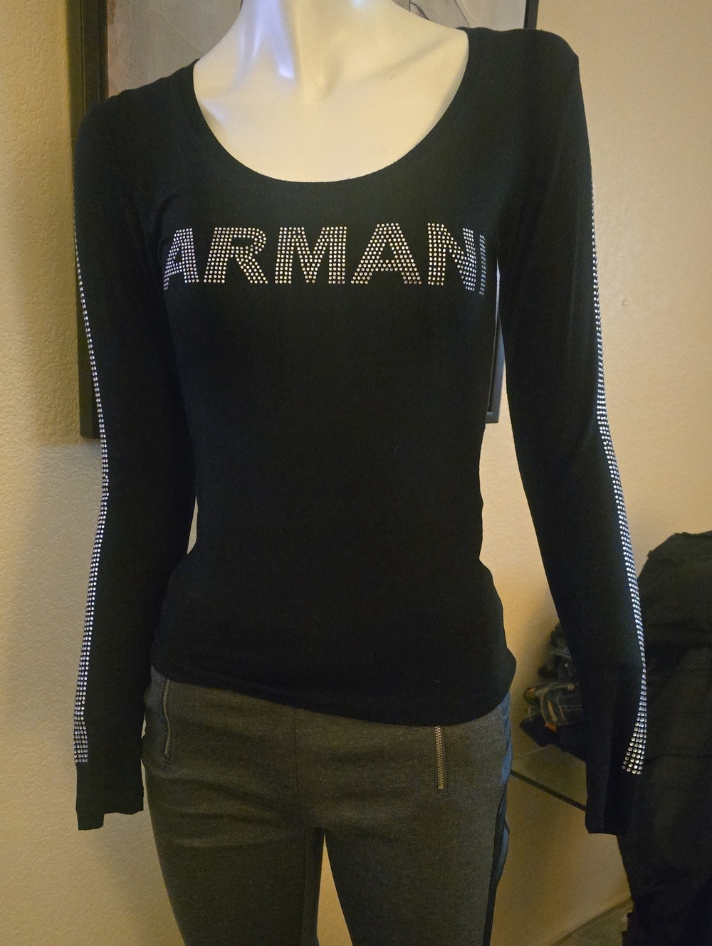Armani Jeans Black Long-Sleeve Rhinestone Logo Tee
